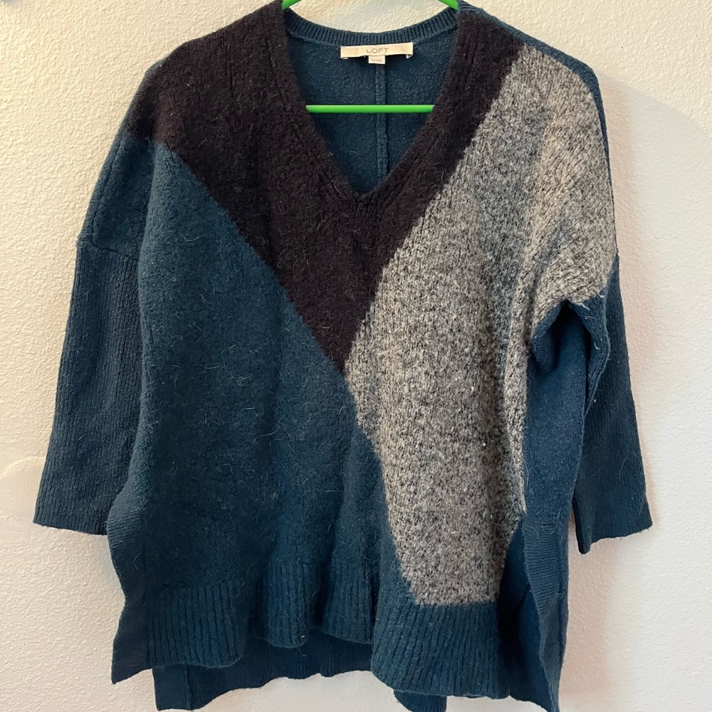 LOFT V-Neck Sweater in Blue, Black, and Gray